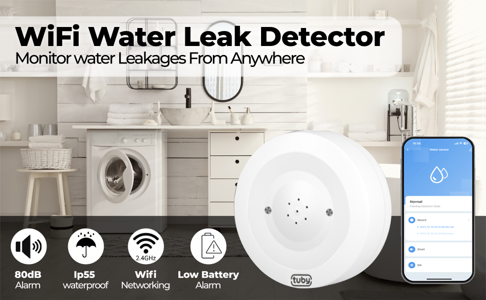 TUBY WiFi Water Leak Detector – No Hub Required, Easy Installation Smart Sensor for Home, Basement, Kitchen, Bathroom – Moisture Sensor, Wireless, IP55 80dB Alarm Flood Sensors