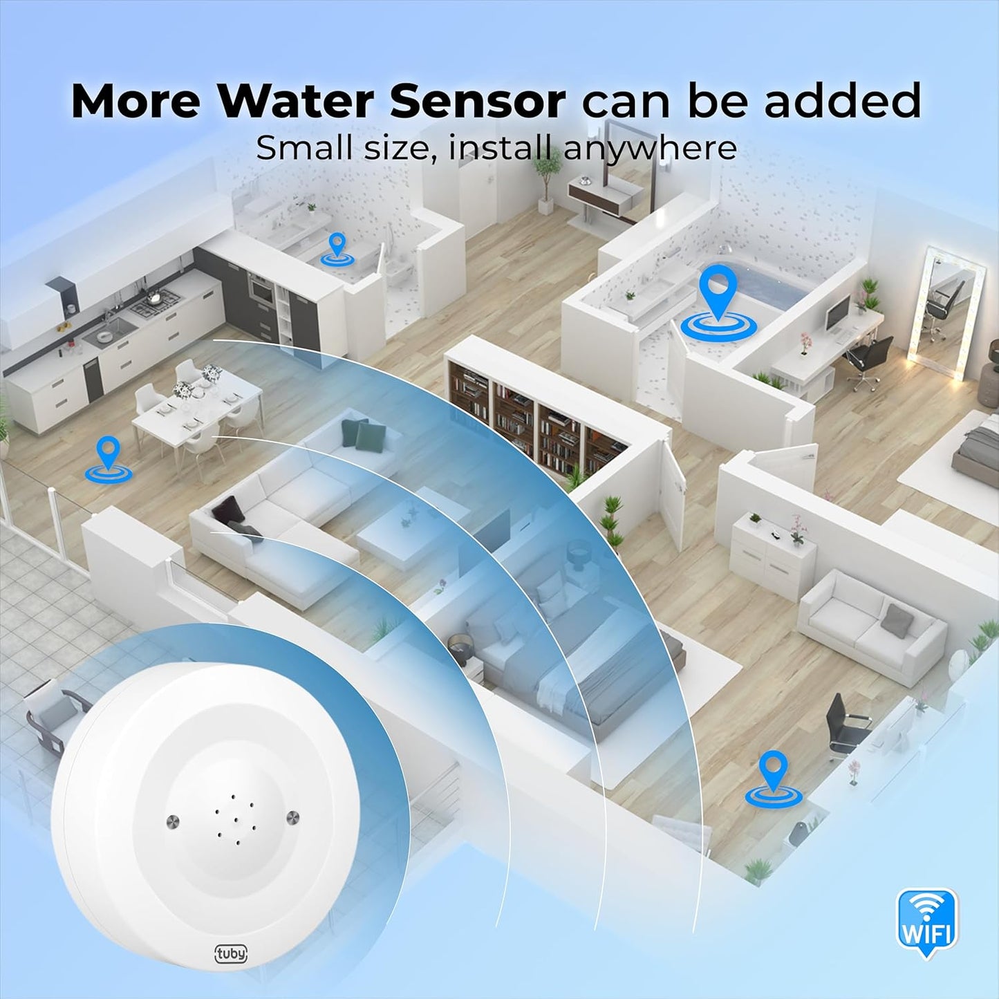 TUBY WiFi Water Leak Detector – No Hub Required, Easy Installation Smart Sensor for Home, Basement, Kitchen, Bathroom – Moisture Sensor, Wireless, IP55 80dB Alarm Flood Sensors